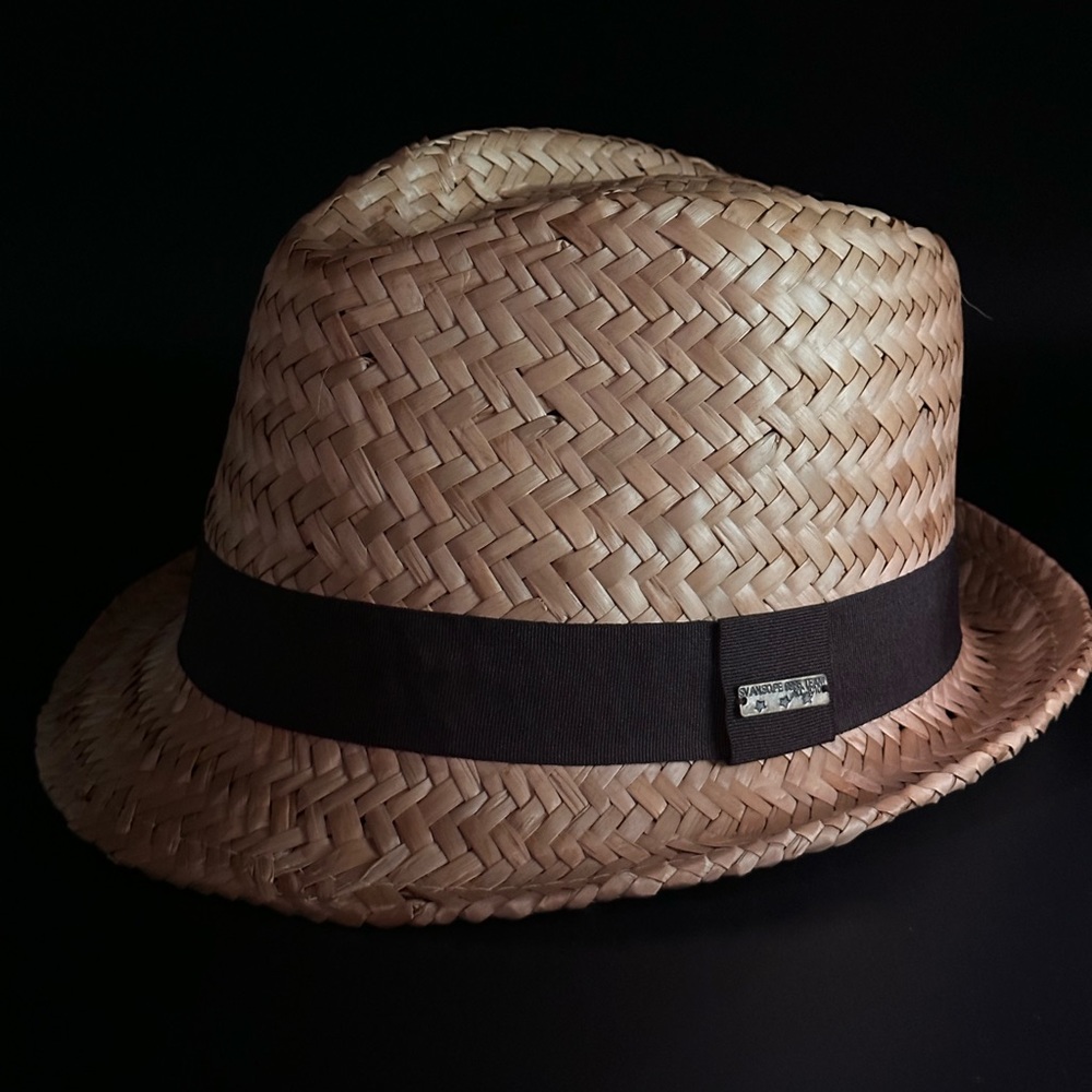 H&M Light Brown Tan Black Band Paper Straw Woven Weave Stiff Fedora Hat Medium